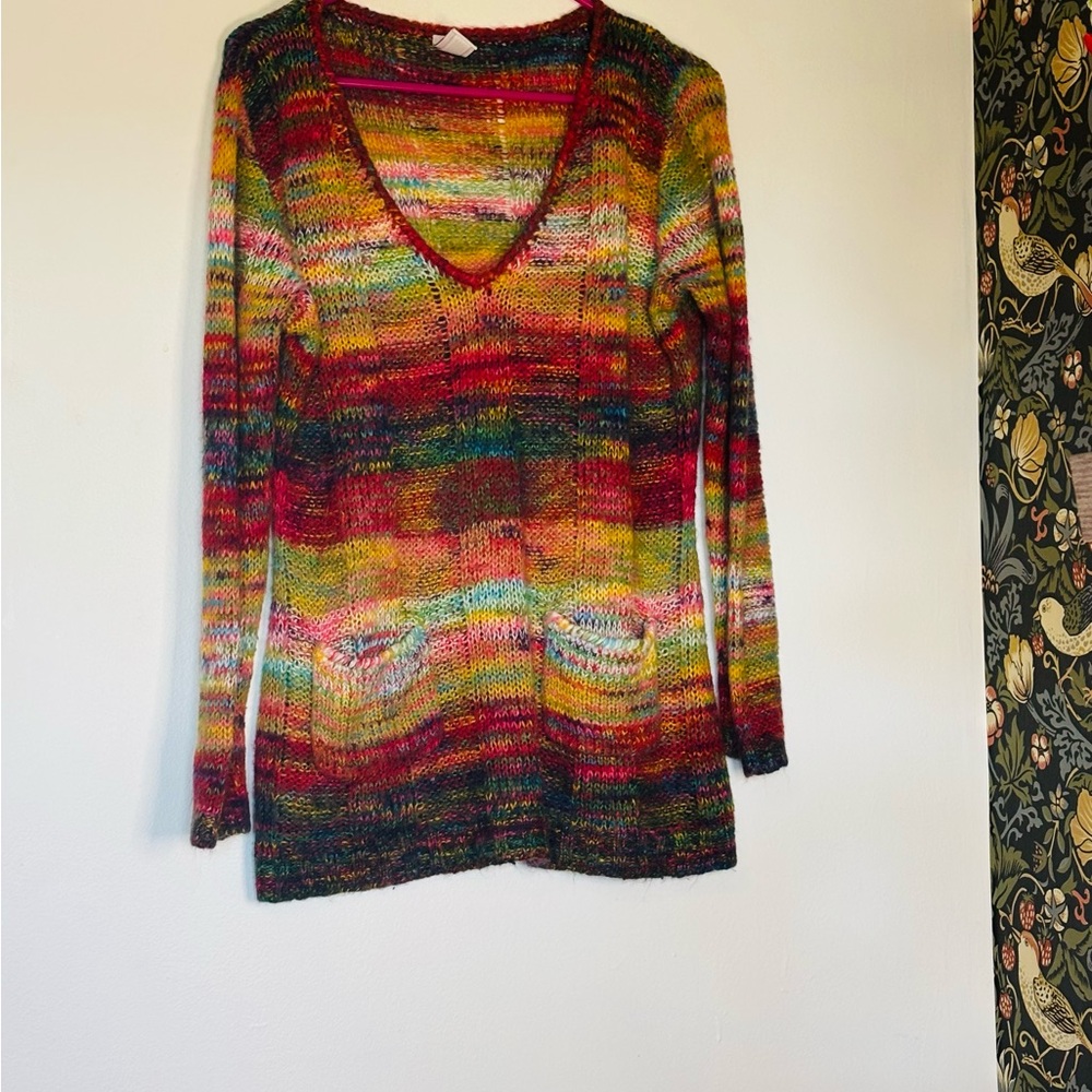 VTG Y2K Bobbie Brooks rainbow tunic sweater sz L pockets acrylic boho